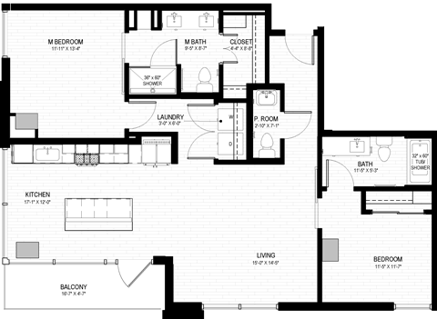 Floor plan for 2 beds, 2.5 baths, 1174 sqft